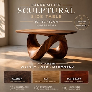 May include: A handcrafted sculptural side table made of natural solid hardwood, featuring a continuous, twisted loop base and a smooth, flat tabletop. The dimensions are 50 x 50 x 50 cm. Available in walnut, oak, or mahogany wood finishes.