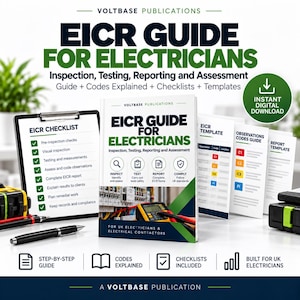 Puede incluir: Una guía digital titulada EICR GUIDE FOR ELECTRICIANS, que contiene información sobre inspección, pruebas, informes y evaluación. El conjunto incluye una lista de verificación, una guía de códigos de observación y plantillas de informes.