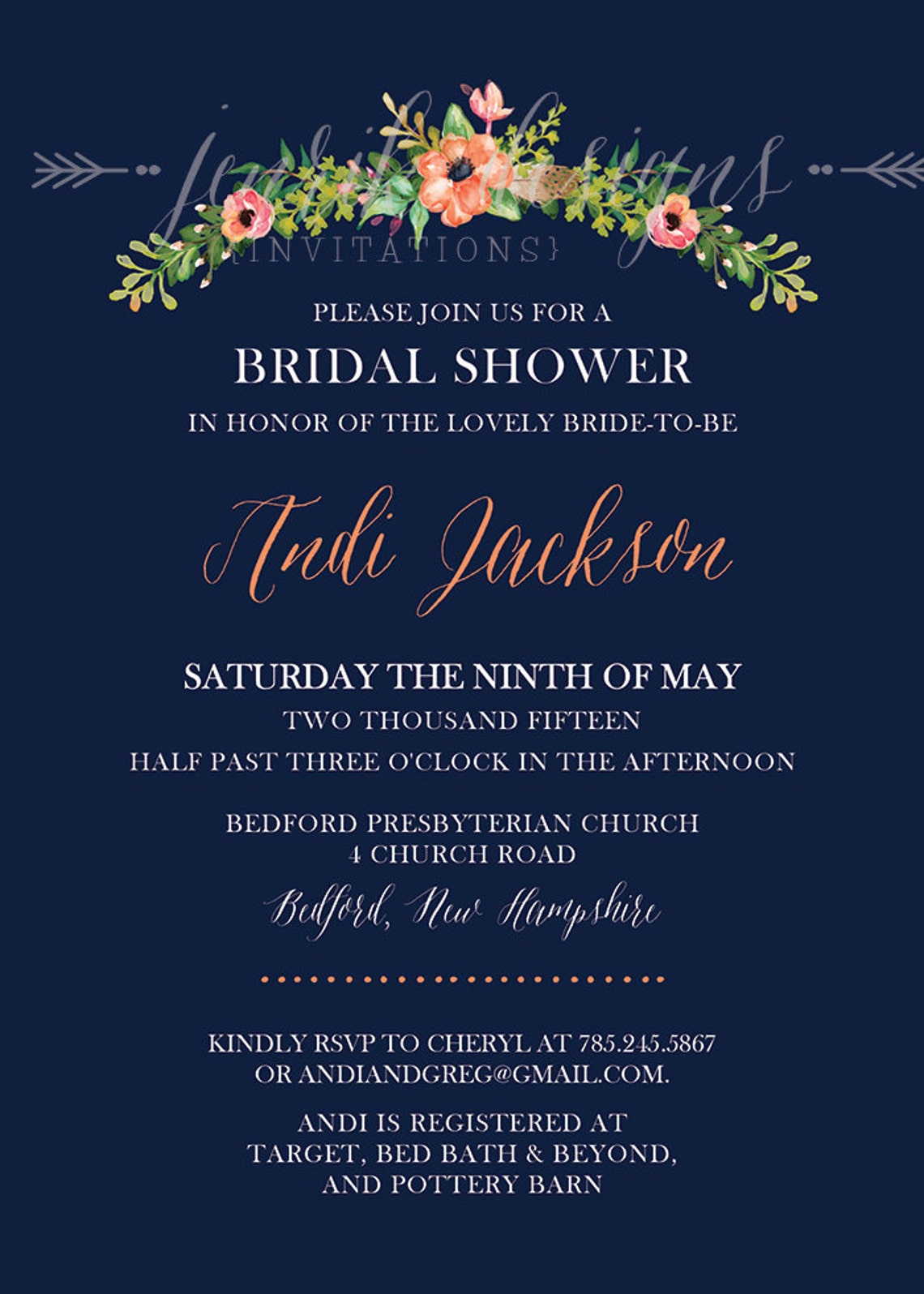 Floral Bridal Shower Invitation Navy Blue Coral Peach Etsy