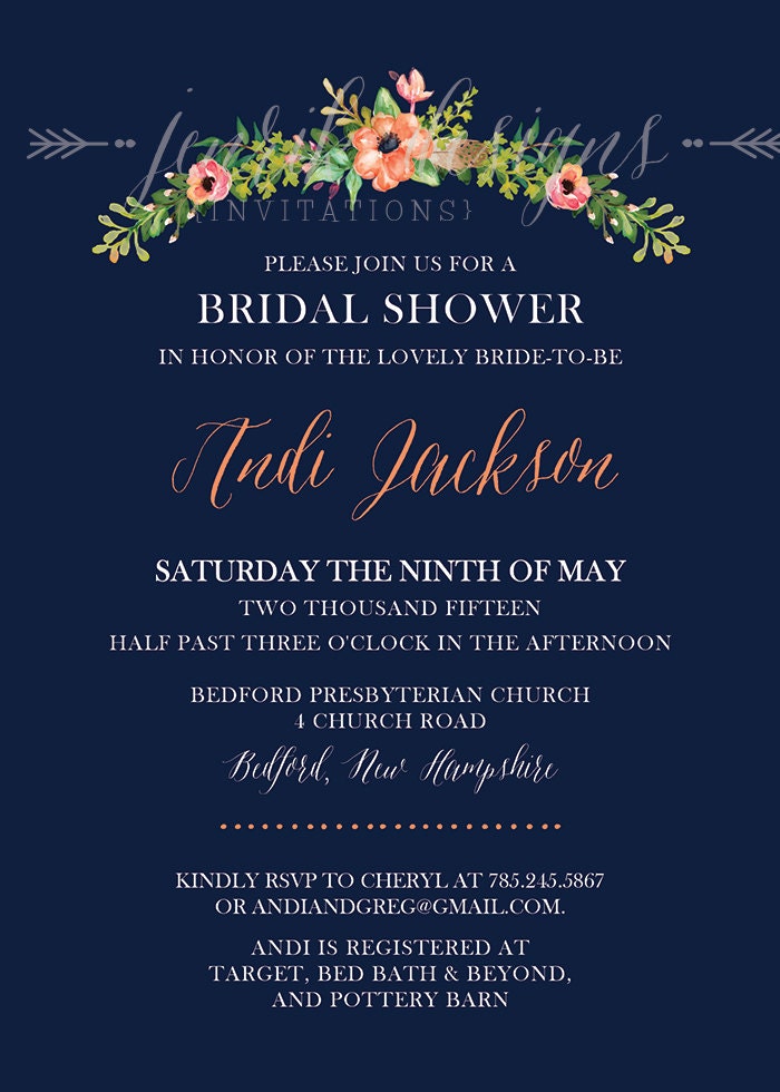 Floral Bridal Shower Invitation Navy Blue Coral Peach Etsy
