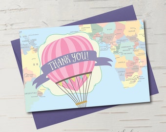 Hot Air Balloon Thank You Card - Folded || Oh the Places You'll Go || Travel Baby Shower or Birthday Invitation