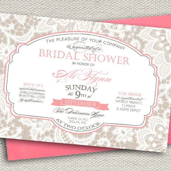 Elegant Lace Bridal Shower Invitation // Greige & Coral Pink