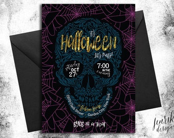 Dark Wonder Skull Halloween Party Invitation || Black, Purple,  Blue, Web, Skull, Gold, Halloween Invitation, Printable, Halloween Party