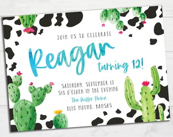 CUSTOM Cactus & Cowprint Birthday Invitation || Cowprint, Turquoise, Cactus, Pre-Teen Birthday Party || Printable Invitation
