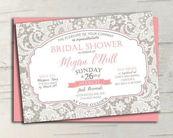 Elegant Lace Bridal Shower Invitation // Greige & Coral Pink