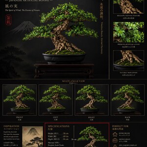 Pode incluir: Um bonsai artificial com tronco castanho texturizado e folhas verdes num vaso de cerâmica preta. As especificações do produto indicam uma altura de 58 cm, uma largura de 40 cm e uma profundidade de 44 cm. Inclui vistas de vários ângulos.