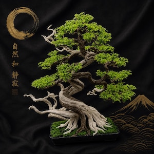 May include: A bonsai tree with a twisted, light-colored trunk and vibrant green foliage, planted in a rectangular black container. The scene includes a gold-colored circular emblem, Japanese text, and a gold mountain graphic on a black background.