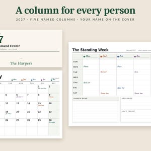 Può includere: Un set di pianificatori familiari 2027 con una copertina recante il testo The Harpers, una pagina di calendario mensile per gennaio 2027 e un programma settimanale con cinque colonne per nomi, pasti, spesa e promemoria.