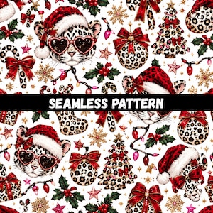 May include: A seamless pattern featuring leopard print Christmas elements on a white background. The design includes leopard-spotted cheetah faces wearing Santa hats and heart-shaped glasses, Christmas trees, ornaments, bows, and holly berries.