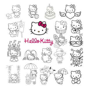 Może przedstawiać: Kolekcja czarno-białych ilustracji liniowych przedstawiających Hello Kitty podczas różnych zajęć, w tym zabawy z psem, malowania, gry na perkusji i trzymania balonów. Napis Hello Kitty znajduje się w kolorze różowym na środku.