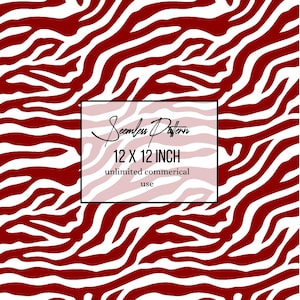 May include: A seamless pattern featuring dark red and white zebra stripes. A central white rectangular overlay contains the black text: Seamless Pattern, 12 X 12 INCH, unlimited commercial use. The design consists of repeating organic wavy lines.