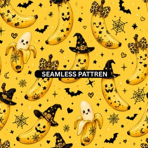 Halloween Banana Seamless Pattern, Cute Spooky Banana Print, Witch Hat Banana Digital Paper, Yellow Halloween Fabric Design