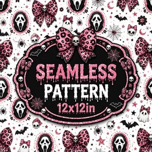 May include: A seamless pattern featuring pink leopard print bows with skulls, white ghosts with pink bows, spiderwebs, bats, and ghost-face masks on a white background. A central black plaque with pink glitter trim reads SEAMLESS PATTERN 12x12in.