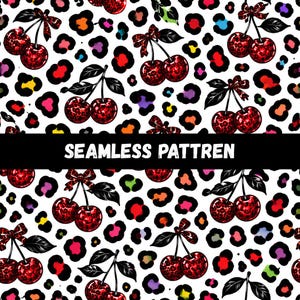 May include: A seamless pattern featuring red cherries with leopard print textures, black stems, and small bows, set against a white background with colorful leopard spots. A black horizontal bar displays the text SEAMLESS PATTREN.