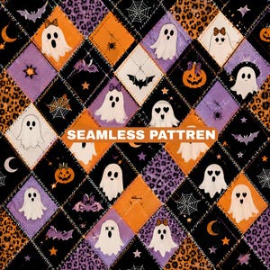 Söt Halloween-spöke sömlöst mönster | Spöklikt lapptäcke digitalt papper | Orange lila quilttryck | PNG för tyg och hantverk