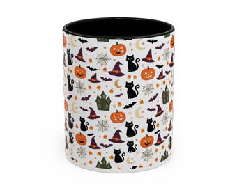 Halloween Pattern Mug | Pumpkin, Black Cat, Witch Hat Accent Coffee Mug