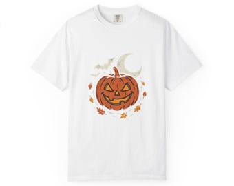 Jack-o'-Lantern Pumpkin Illustration T-Shirt | Halloween Moon, Falling Leaves