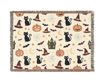 Halloween Cats and Pumpkins Woven Blanket | Witch Hats, Bats, Haunted House
