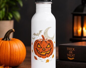 Jack-o'-Lantern Pumpkin Stainless Steel Water Bottle | Halloween Fall Leaves