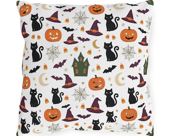 Halloween Pattern Outdoor Pillows | Cats, Pumpkins, Witches' Hats