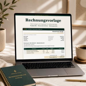 Op de afbeelding: Een laptopscherm toont een digitaal factuursjabloon getiteld Rechnungsvorlage met bedrijfsgegevens, factuurregels en een totaalbedrag van 2.820,00 euro. Een donkergroen spiraalblok met de tekst Rechnungsvorlage Anleitung ligt ernaast.