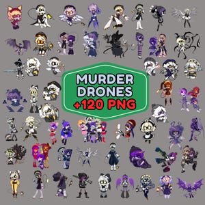 May include: A digital collection of over 120 character illustrations featuring various robotic figures with purple, black, and white colour schemes. A central green hexagon contains the text MURDER DRONES +120 PNG in white and red lettering.