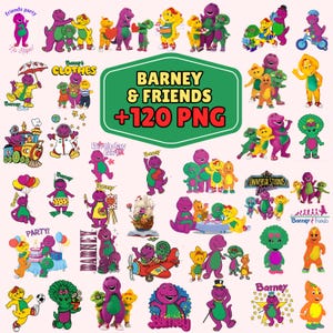 Op de afbeelding: Een verzameling digitale illustraties met de paarse dinosaurus Barney en diverse vrienden in uiteenlopende activiteiten, zoals fietsen, schilderen en verjaardagen vieren, met de tekst BARNEY & FRIENDS +120 PNG.