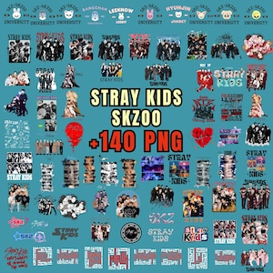 Peut inclure: Une collection numérique de 140 fichiers graphiques PNG représentant les personnages de Stray Kids et SKZOO, incluant divers portraits de membres, photos de groupe, logos et designs de texte stylisés en plusieurs couleurs sur fond bleu sarcelle.