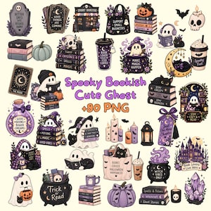 May include: A collection of 80 digital stickers featuring ghosts, black cats, stacks of books, pumpkins, cauldrons, and candles in a purple and black color palette. The text Spooky Bookish Cute Ghost +80 PNG is centered among the illustrations.