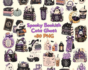 Puede incluir: Una colección de 80 pegatinas digitales con fantasmas, gatos negros, pilas de libros, calabazas, calderos y velas en una paleta de colores morados y negros. El texto Spooky Bookish Cute Ghost +80 PNG está centrado entre las ilustraciones.