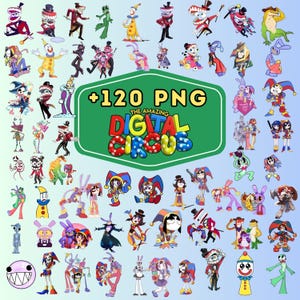 Pode incluir: Uma coleção de mais de 120 ilustrações de personagens digitais com o logótipo The Amazing Digital Circus ao centro. Os gráficos coloridos incluem várias figuras de desenhos animados em trajes de bobo, palhaço e animais com tons vibrantes de vermelho, azul, amarelo e roxo sobre um fundo gradiente azul claro.