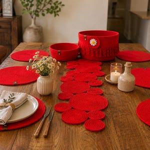 Red Table Setting Set for 6, Handmade Jute Placemats & Table Runner, Decorative Basket Set, Boho Dining Decor, Wedding Housewarming Gift