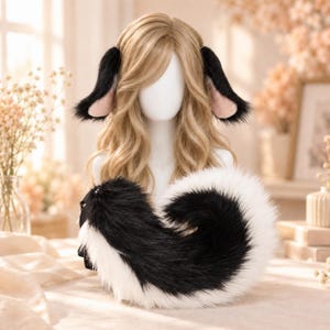 May include: A blonde wig on a mannequin head featuring attached black and light pink animal ears. A large, fluffy, curved tail made of long black and white faux fur is positioned in front of the mannequin, secured with a black ribbon.