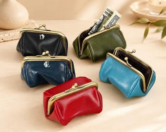 Porte-monnaie vintage à fermoir baiser, petit porte-monnaie en cuir, grande capacité, style vintage raffiné, pour pièces, billets, bijoux et dés, cadeau pour elle
