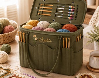Gepersonaliseerde geborduurde canvas breitas, gehaakte tas met geboortebloemmotief, garenopbergtas, tas voor haakprojecten, houder voor haaknaalden, cadeau voor breier