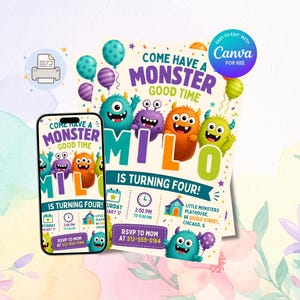 Könnte beinhalten: Eine Geburtstagseinladungskarte und ein Smartphone-Bildschirm mit demselben Design, das bunte Cartoon-Monster, Luftballons und den Text Come Have A Monster Good Time, Milo Is Turning Four sowie Veranstaltungsdetails und RSVP-Informationen zeigt.