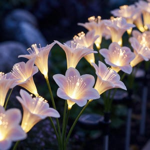 May include: A cluster of solar-powered garden lights shaped like pale pink lily flowers. Each flower features thin, glowing fiber optic filaments extending from the center, supported by slender green stems with small solar panels at the base.
