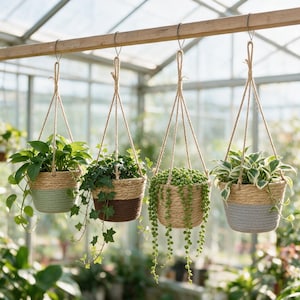 May include: Four hanging planters made of natural tan rope with colored bases in sage green, dark brown, light green, and gray. Each basket holds a different trailing plant, including a pothos, ivy, string of pearls, and a variegated pothos.