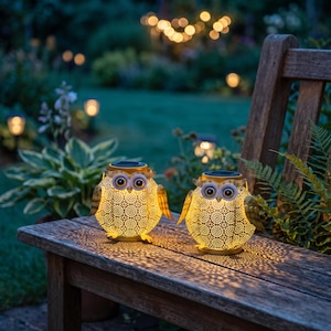 May include: Two owl-shaped solar lanterns made of gold-toned metal with intricate cut-out patterns. Each lantern features large, round eyes and emits a warm, glowing light from within, casting detailed shadows onto the wooden surface below.