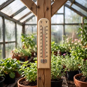 Könnte beinhalten: Ein helles Holzthermometer mit einer vertikalen Skala, die sowohl Celsius- als auch Fahrenheit-Messungen anzeigt. Das Gerät verfügt über eine rote Flüssigkeitssäule, die die aktuelle Temperatur anzeigt, und ist an einem vertikalen Holzpfosten befestigt.