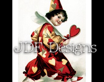Instant Digital Download, Vintage Edwardian Era Graphic, Valentine's Day Heart Clown Jester Antique Postcard Print Printable Image Scrapbook