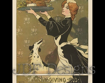 Instant Digital Download, Vintage Graphic, Antique Print  Thanksgiving Woman with Turkey & Dog Printable Image