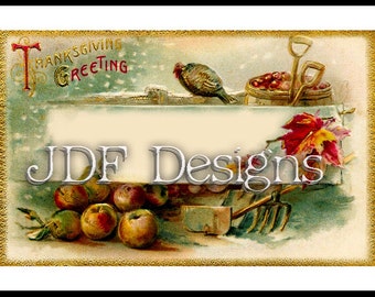 Instant Digital Download, Vintage Postcard Graphic, Thanksgiving Apples Bird Leaves Frame Text Banner, Place Card Printable Image, Scrapbook