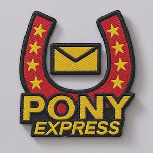 May include: An embroidered patch featuring a red horseshoe shape with yellow stars, a yellow envelope icon in the center, and the yellow text PONY EXPRESS on a black background. The design is outlined in black thread with a textured fabric finish.