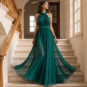 Emerald Green Maxi Dress, Halter Neck Evening Gown, Open Back Chiffon Formal Dress, High Slit Wedding Guest Bridesmaid Dress