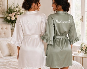Bridal Satin Robe, Bride & Bridesmaid Getting Ready Robe, Sage Green Wedding Kimono, Wedding Morning Robe, Bridal Party Gift
