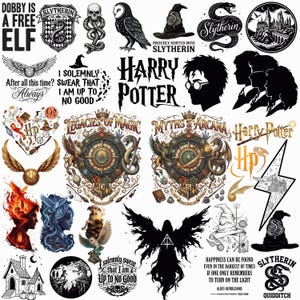 Op de afbeelding: Een verzameling zwart-wit en gekleurde grafische illustraties met Harry Potter-thema, inclusief tekstcitaten, silhouetten van personages, magische wezens, wapenschilden, toverstokken en iconische symbolen in een collage-indeling.