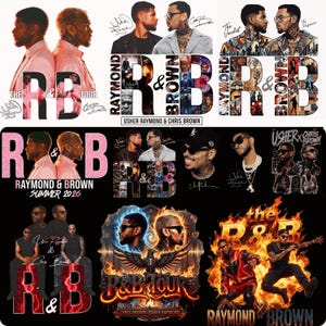 May include: A collection of graphic designs featuring Usher Raymond and Chris Brown, showcasing various portraits, signatures, and stylized text including R&B, The R&B Tour, Raymond & Brown, and Summer 2026, with elements like flames, collages, and bold typography.