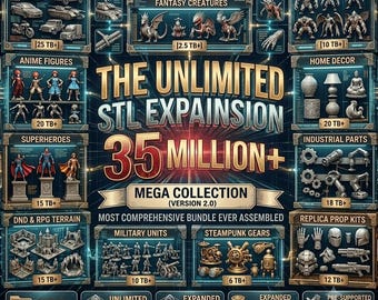 Op de afbeelding: Een digitale promotieafbeelding met de titel The Unlimited STL Expansion 35 Million+ Mega Collection Version 2.0. De lay-out bevat gecategoriseerde rasters met voorbeelden van 3D-modellen, waaronder voertuigen, fantasiewezens en figuren.