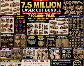 Könnte beinhalten: Eine digitale Werbegrafik für eine Sammlung von 7,5 Millionen Lasercut-Dateien, mit Textüberlagerungen und Vorschaubildern verschiedener Holzmodelle, darunter Fahrzeuge, Schreibtisch-Organizer, Lampen, Puzzles und Wanddekorationen.